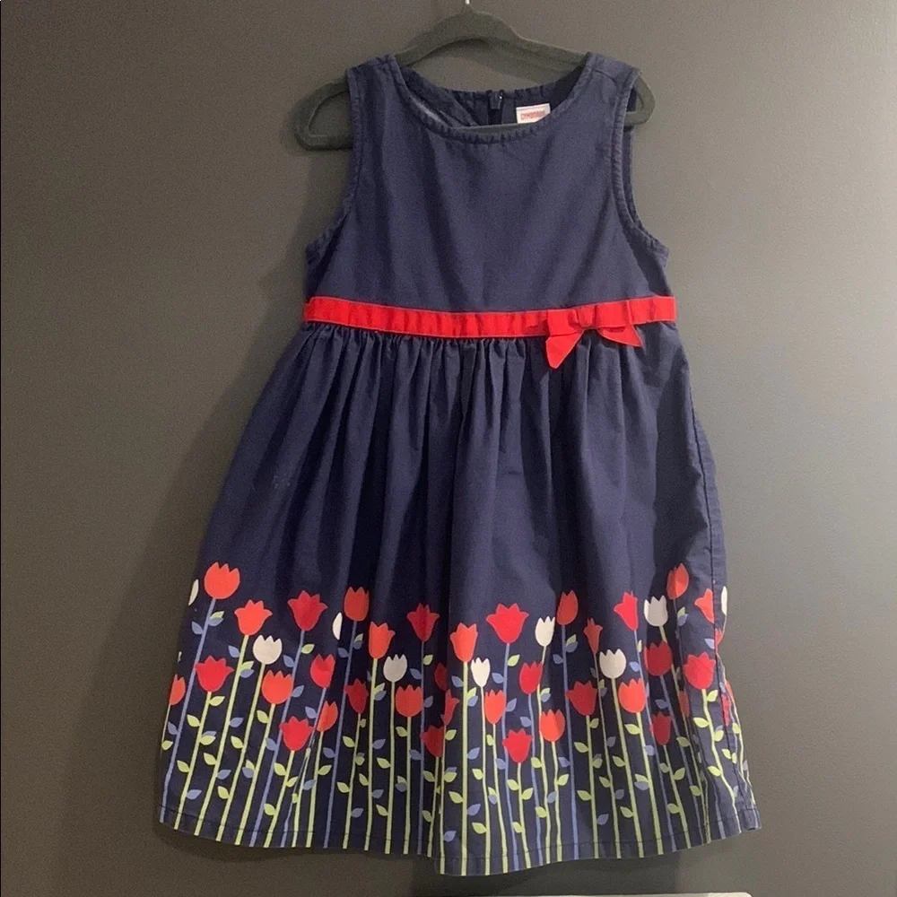 Gymboree Navy Blue Kids Dress with Red Floral Design size 5